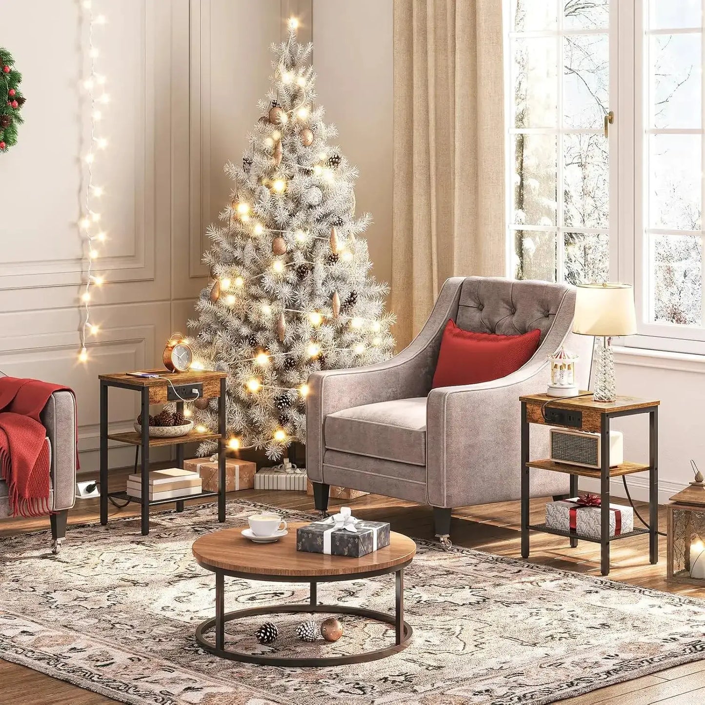 Compact Side Table With Charging Station, USB Ports & Adjustable Shelves For Living Room, Bedroom – Rustic Brown from PriceLows™