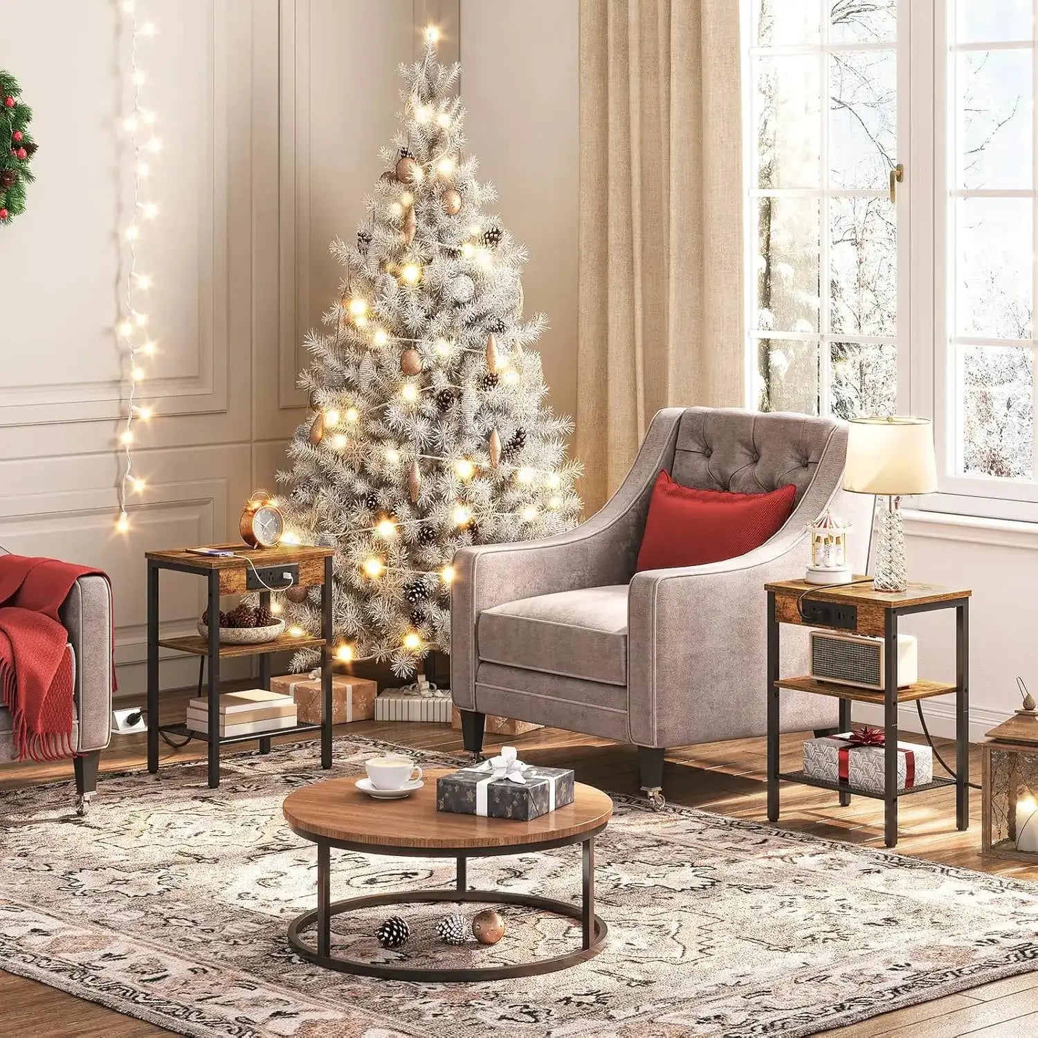 Compact Side Table With Charging Station, USB Ports & Adjustable Shelves For Living Room, Bedroom – Rustic Brown from PriceLows™