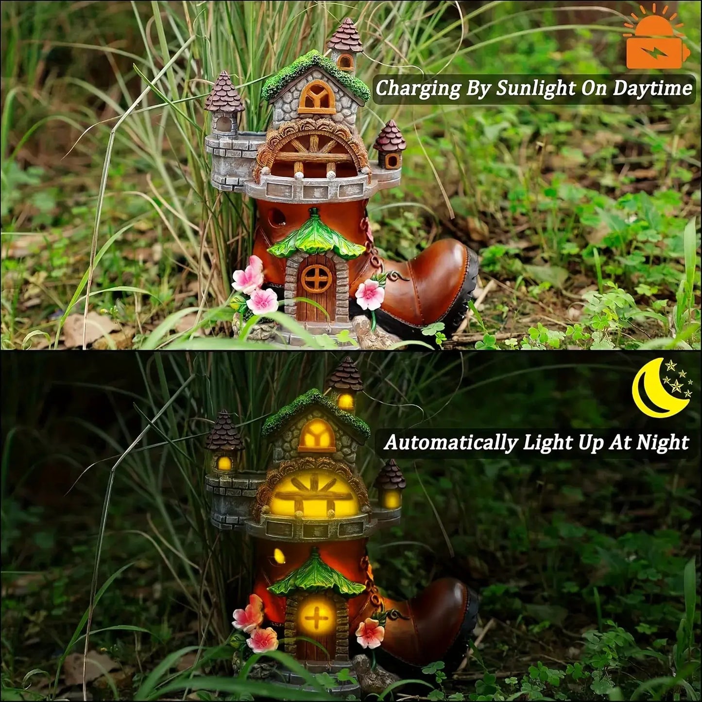 Fairy House Garden Statues with Boots, Fairy Garden Decor House Kit, Solar Lights Garden Figurine for Outdoor Patio Lawn from PriceLows™
