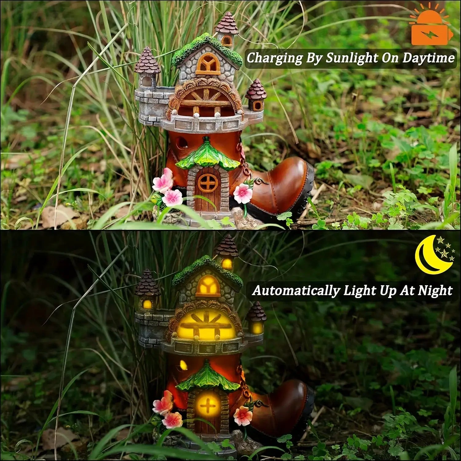 Fairy House Garden Statues with Boots, Fairy Garden Decor House Kit, Solar Lights Garden Figurine for Outdoor Patio Lawn from PriceLows™