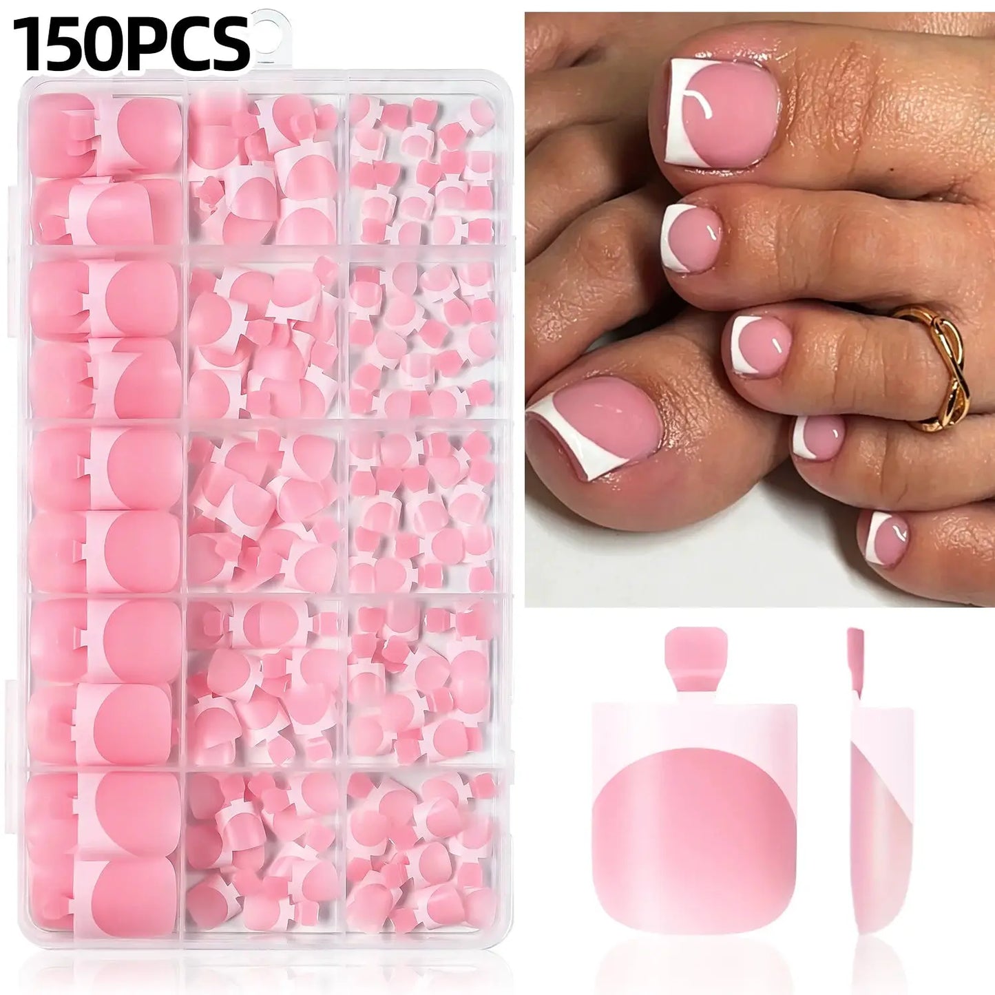 Press On Toenails | Short Square Shape | French White Tips | 150 Pcs Set