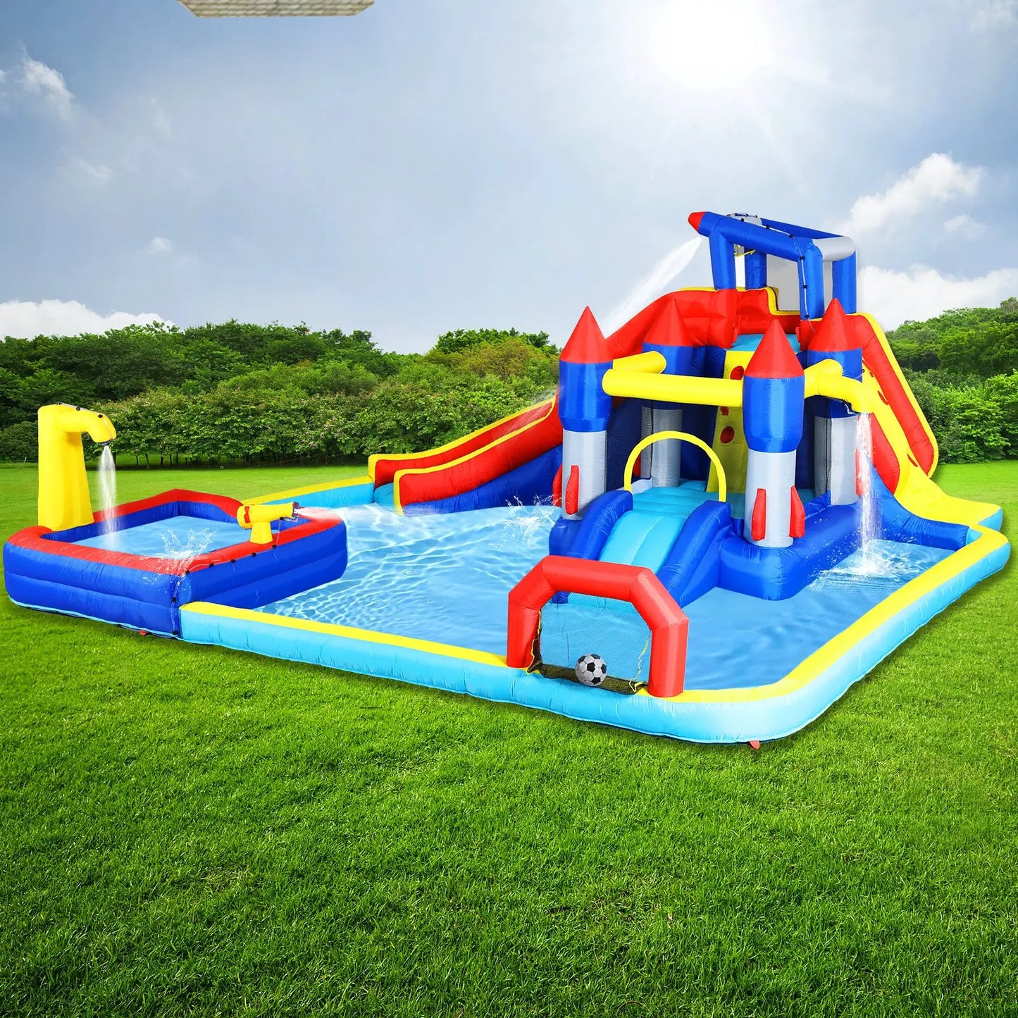 Inflatable Water Slide 10in1 Bounce House Outdoor Kids Water Park with Dual Splash Pools Climbing Wall Basketball Soccer from PriceLows™