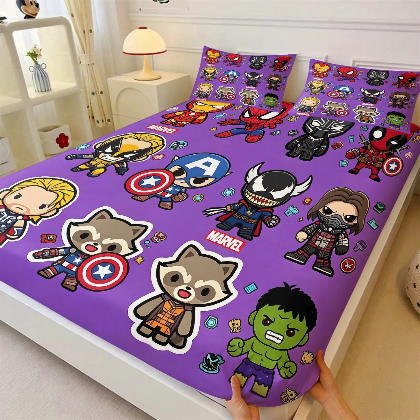 Marvel & DC Cartoon Fitted Sheet Set Chibi Superhero Bed Linen with Pillowcases Deep Pocket Gaming Room Fan Room Kids Room Decor from PriceLows™