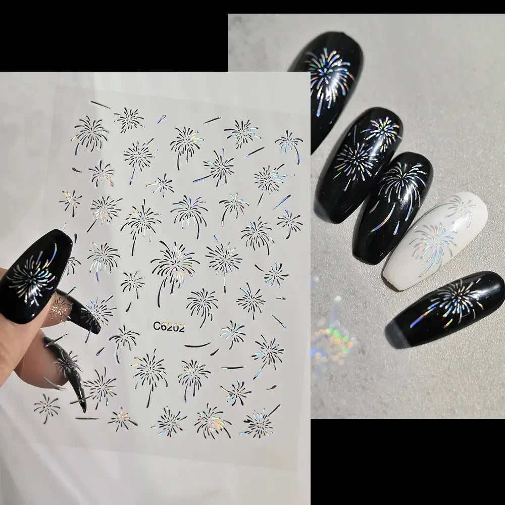 1PC Laser Fire work Nail Stickers 3D Self-Adhesive Blooming Fire-work Nail Decals New Year Firework Design Nail Slider 10*8cm from PriceLows™