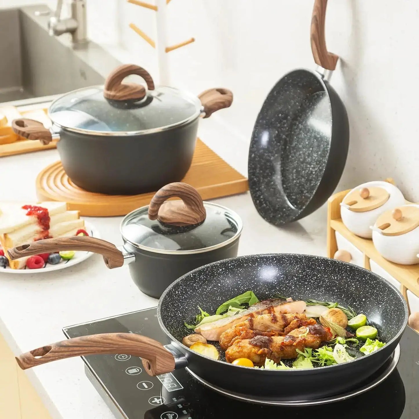 Non Stick Pots and Pans Set, Ceramic Cookware with Granite Pattern, Induction Compatible, PTFE/PFOA/PFOS-Free, Black from PriceLows™