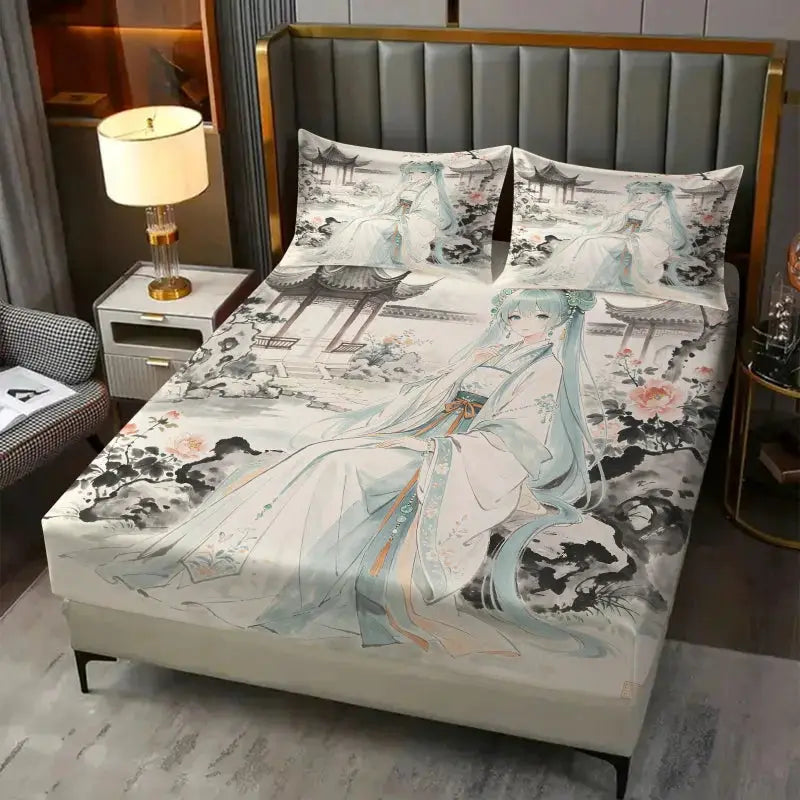 3Pcs Hatsune Miku Hanfu Style Fitted Sheet Set Ink Wash Anime Bed Cover with Pillowcases Deep Pocket Teens Fans Room Decor Gift from PriceLows™
