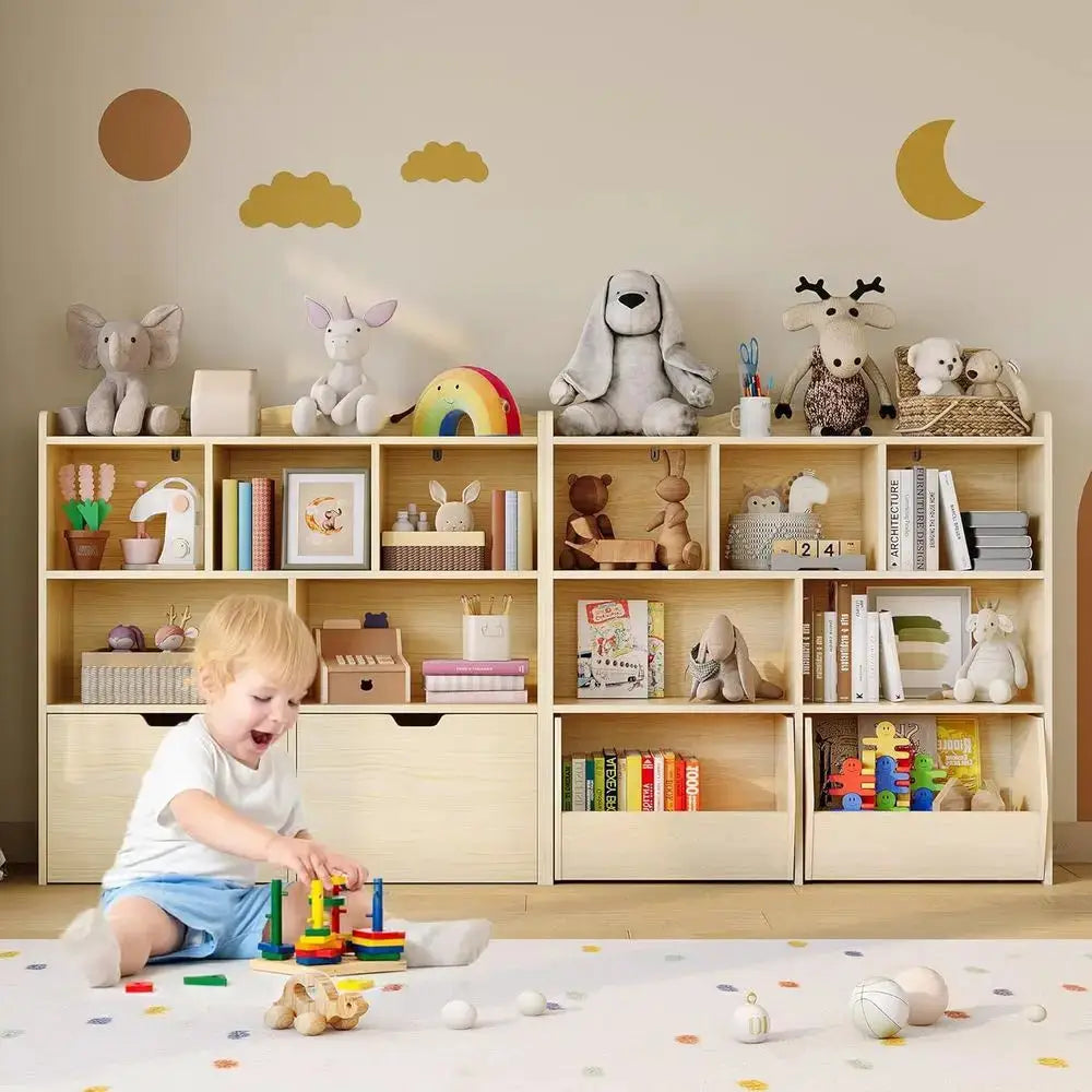 Children's Bookcase and Toy Storage Organizer with Movable Drawers, Natural Finish from PriceLows™