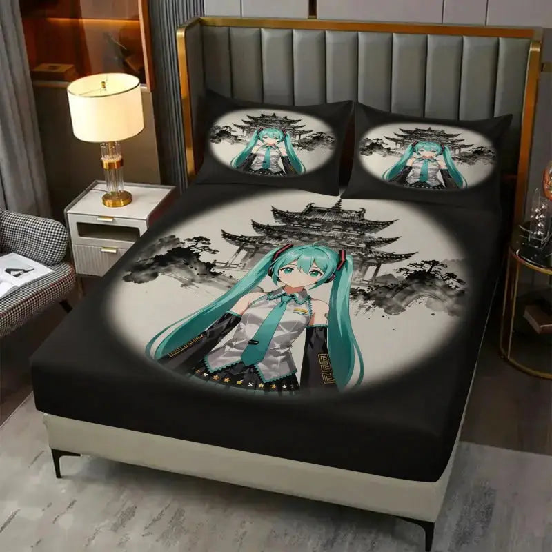 3Pcs Hatsune Miku Fitted Sheet Set with 2 Pillowcases Ink Wash Temple Anime Bedding Set Soft Deep Pocket for Fan Bedroom Decor from PriceLows™