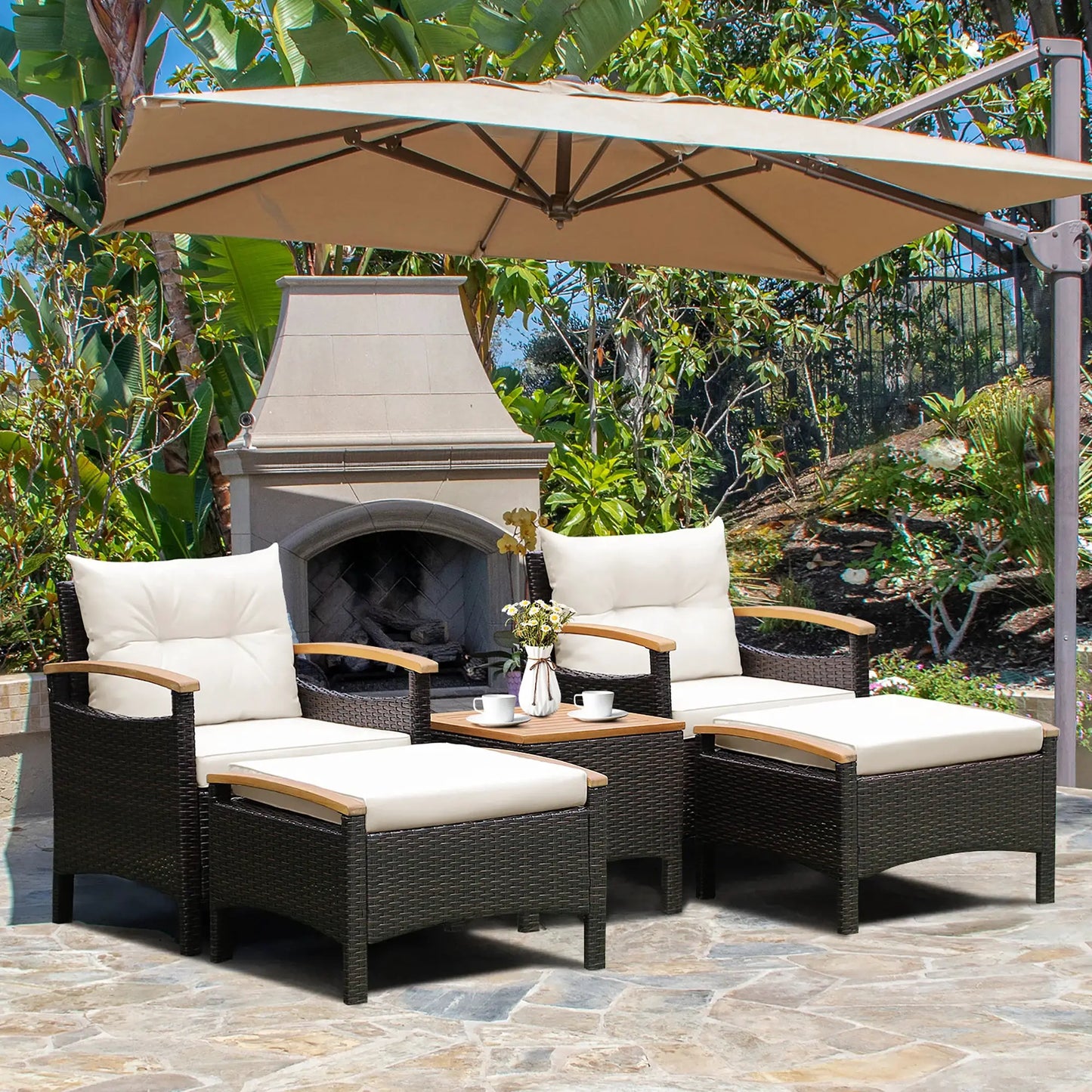 5PCS Patio Rattan Furniture Set Sofa Ottoman Cushioned Table W/Wood Top from PriceLows™