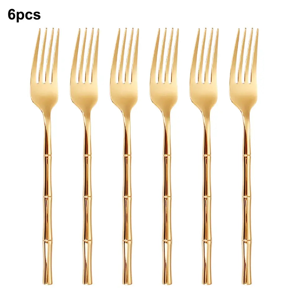 6/24/30Pcs Stainless Steel 304 Tableware Gold Cutlery Set Western Bamboo Shaped Handle Knife Fork Spoon Mirror Dinner Set from PriceLows™