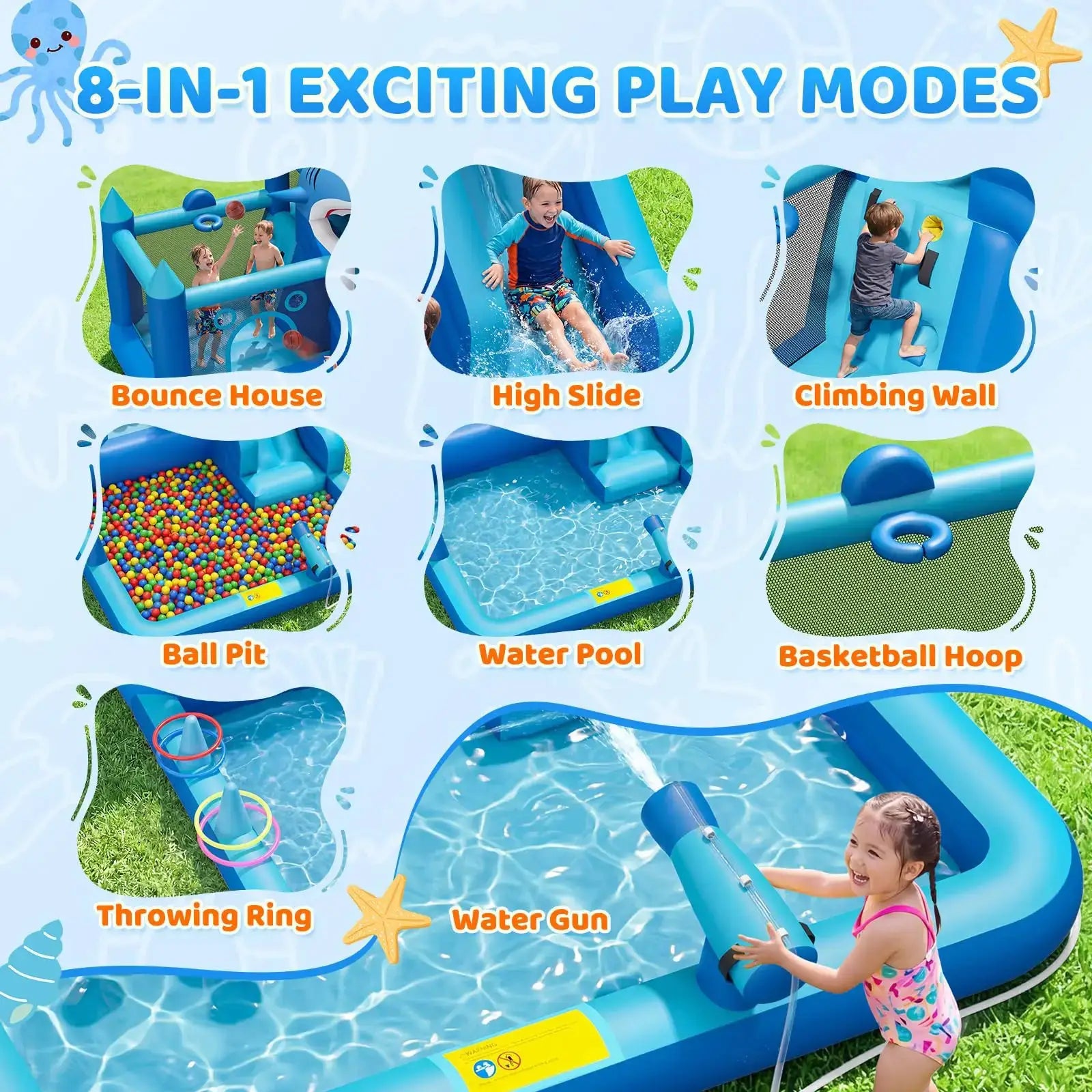 Shark Inflatable Water Park Bounce House With Slide & Blower, Splash Pool, Climbing Wall, Water Cannon, Hoop For Backyard Kids from PriceLows™