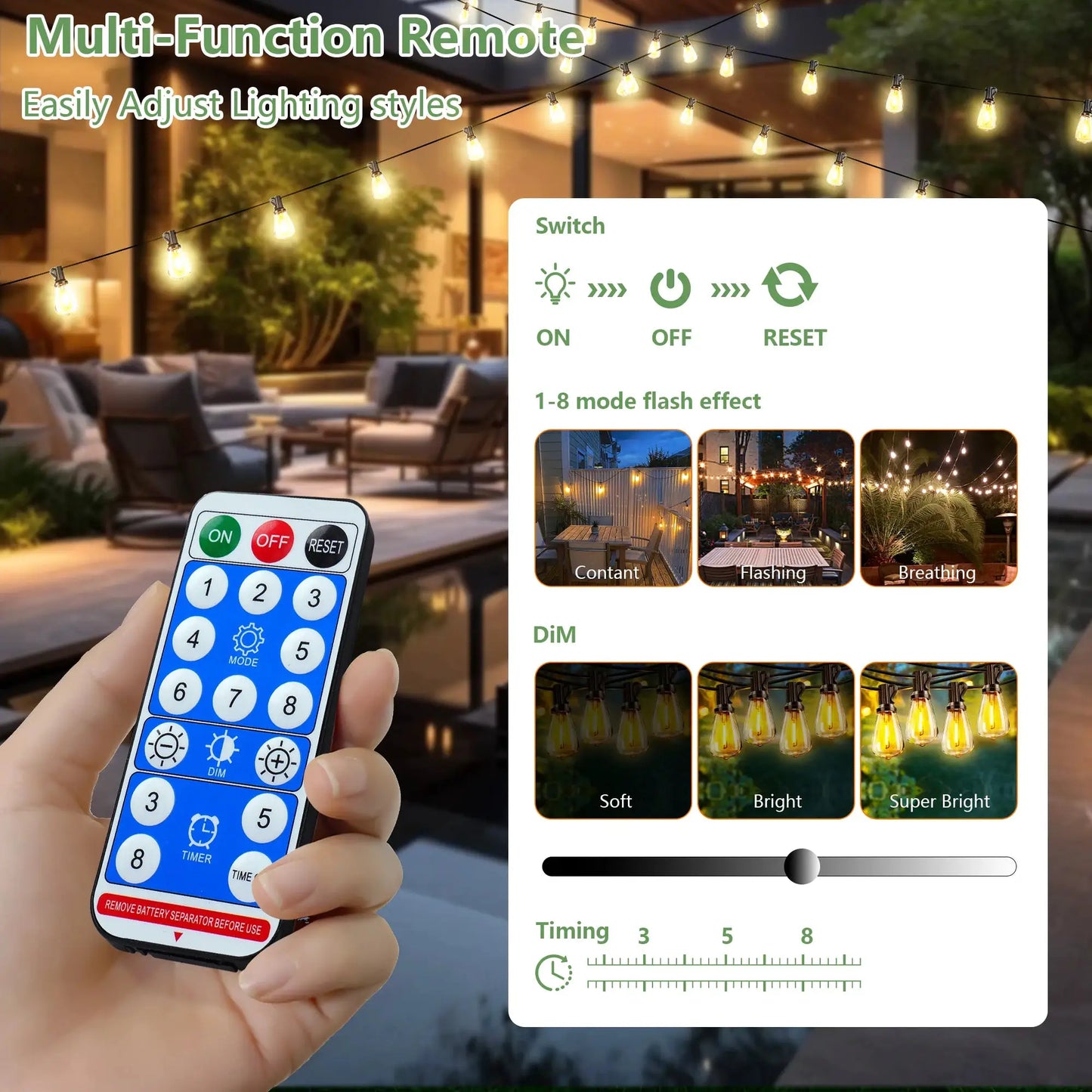 100FT Solar Outdoor String Lights IP65 Waterproof Patio Lights, Shatterproof E12 Replaceable Bulbs, Remote Dimmable Timing from PriceLows™