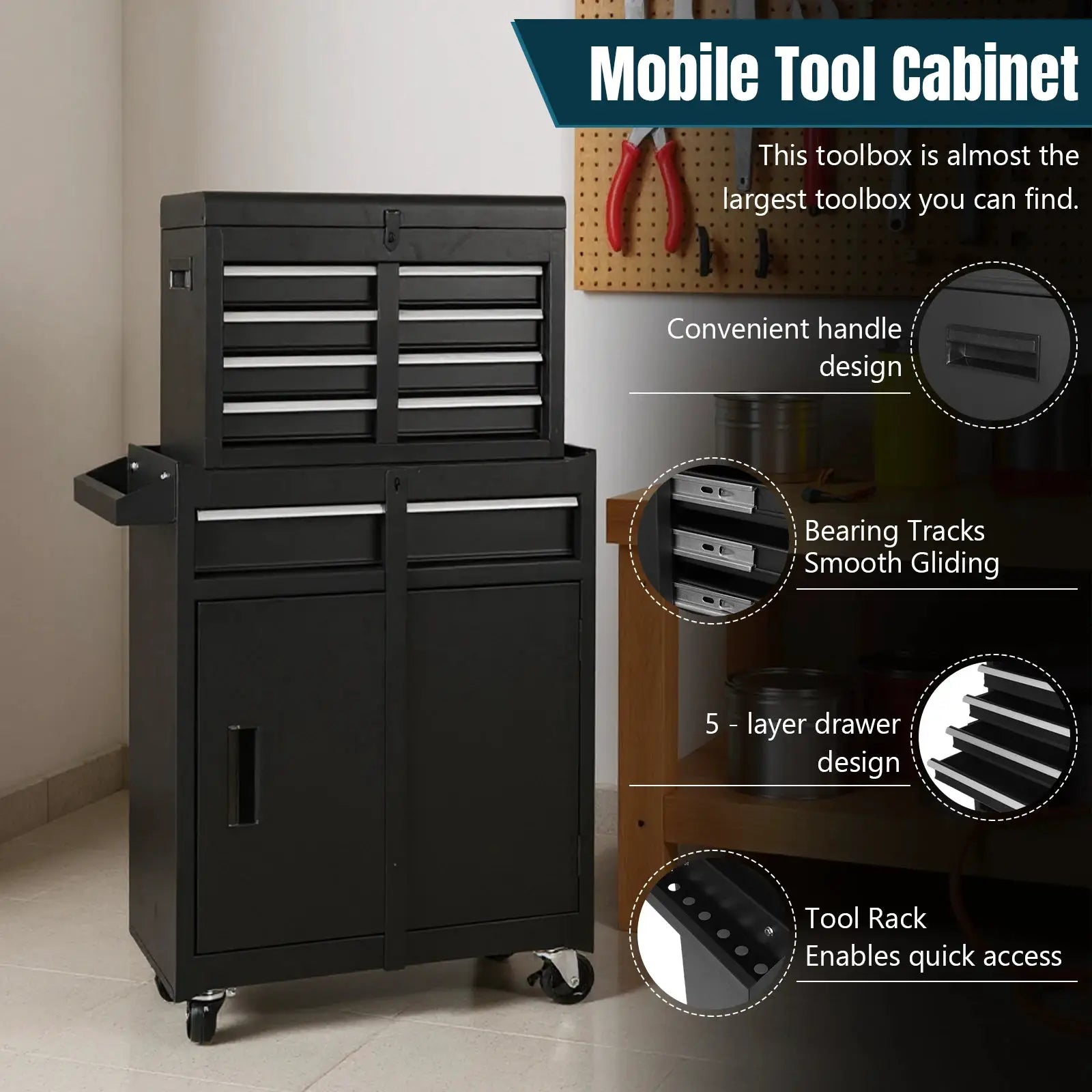 Professional Storage Cabinet with Double Door & Wheels Multi-Purpose Storage Organizer Large Capacity for Garage Tool Room from PriceLows™