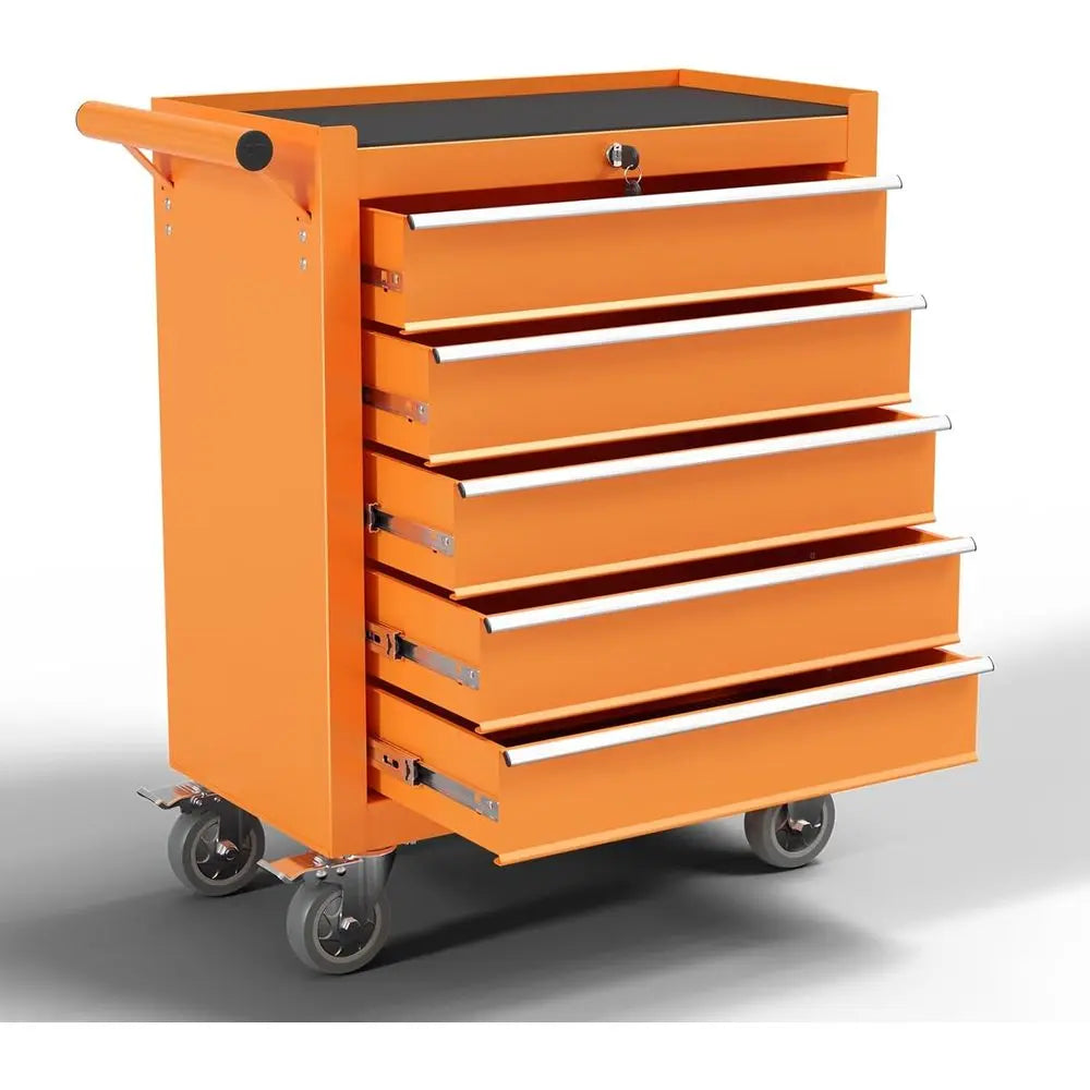 Orange 5-Drawer Metal Rolling Tool Chest with Lockable Cabinet and Wheels for Garage, Workshop, and Repair Shop Storage from PriceLows™