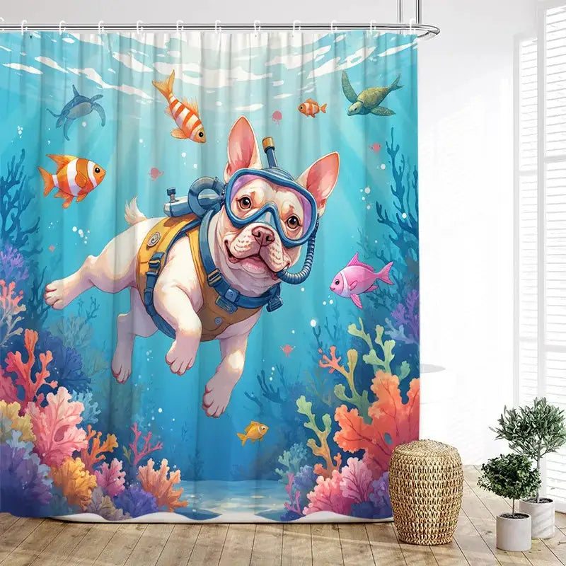 Funny Diving Cat Dog Shower Curtain Cute Cartoon Bathing Animals Sea Turtle Underwater Scenery Kids Bathroom Curtains Decor Set from PriceLows™