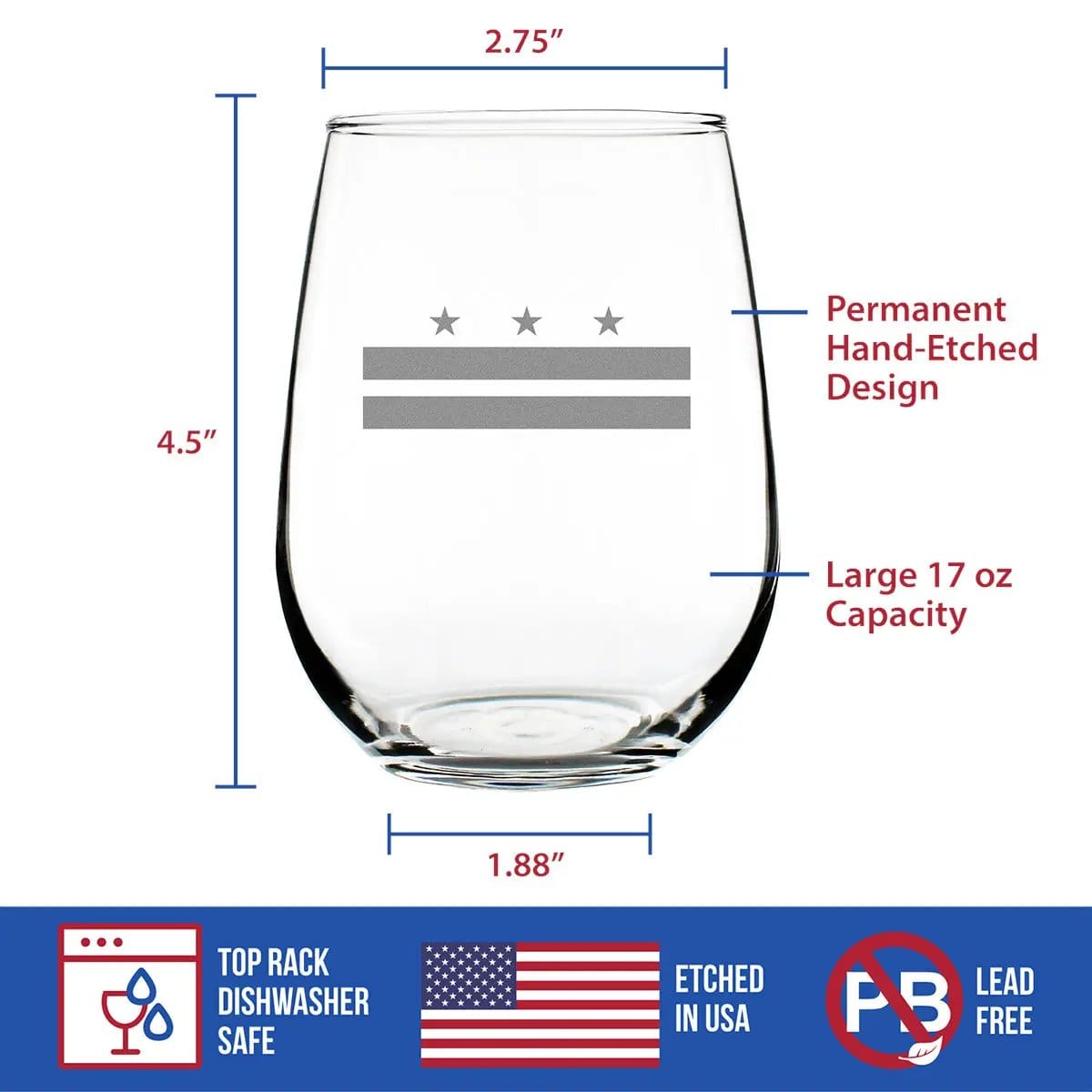 Etched Stemless Wine Glass | 17 oz | Dishwasher Safe | Washington DC Flag