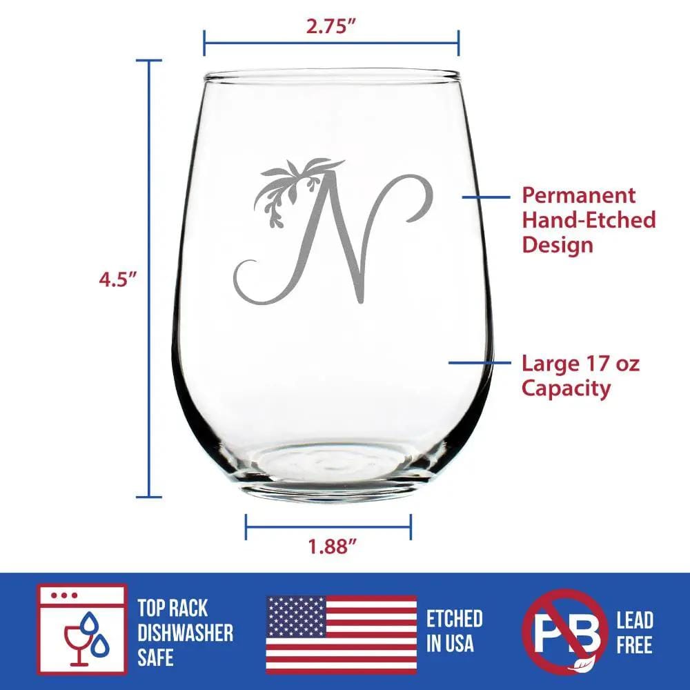 Etched Stemless Wine Glass | 17 oz | Dishwasher Safe | Monogram Floral Letter N