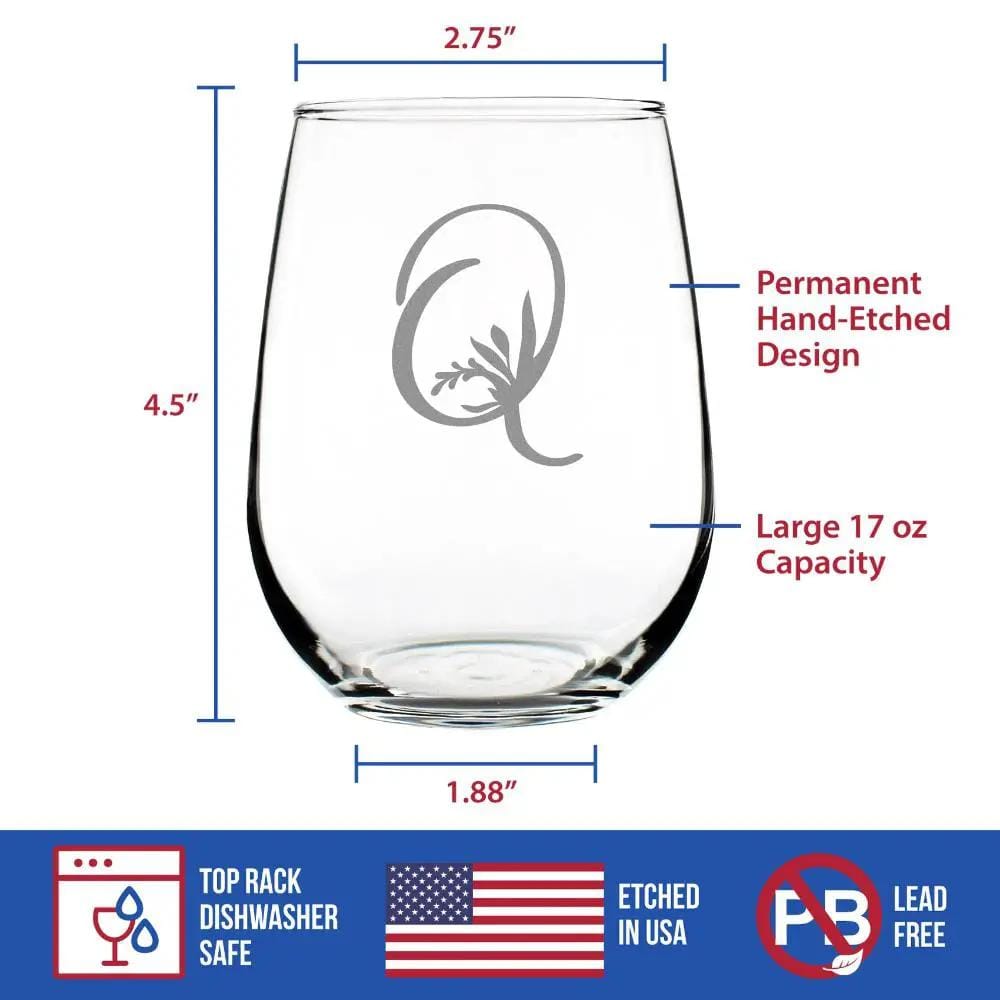 Etched Stemless Wine Glass | 17 oz | Dishwasher Safe | Monogram Floral Letter Q