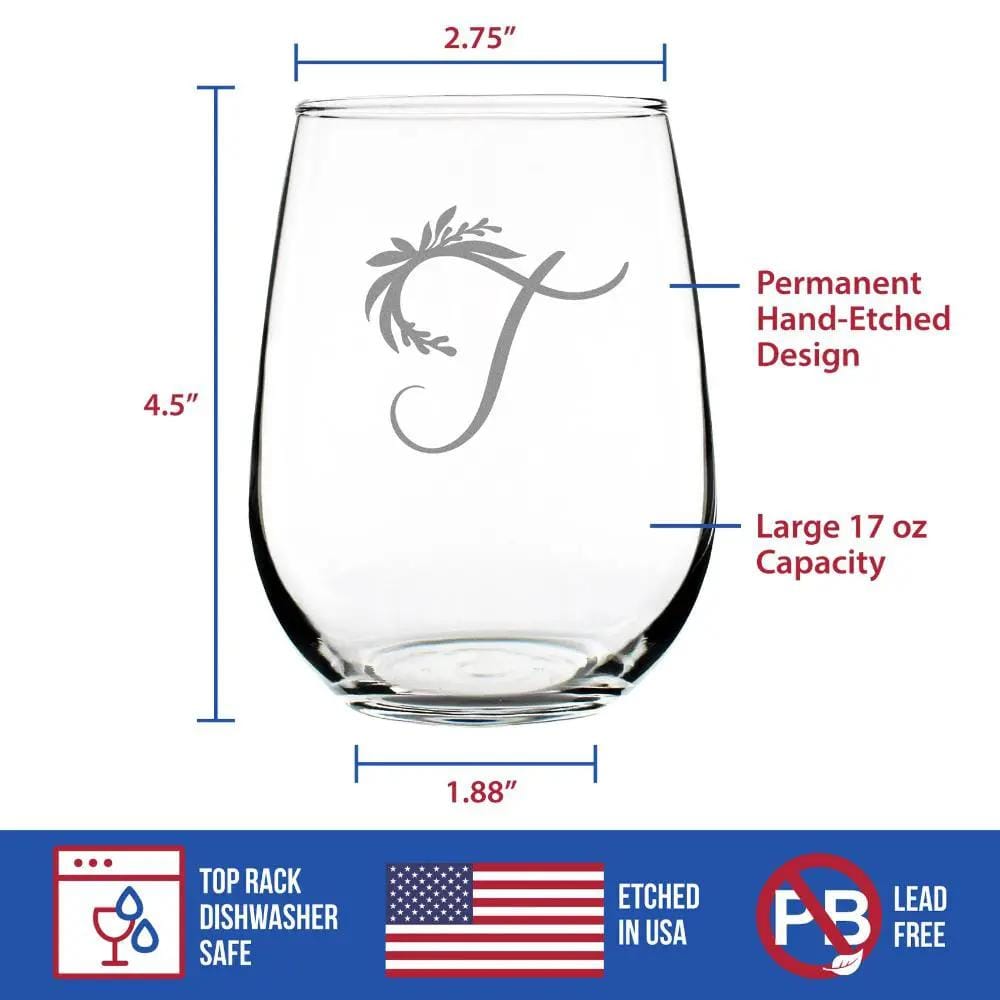 Etched Stemless Wine Glass | 17 oz | Dishwasher Safe | Monogram Floral Letter T