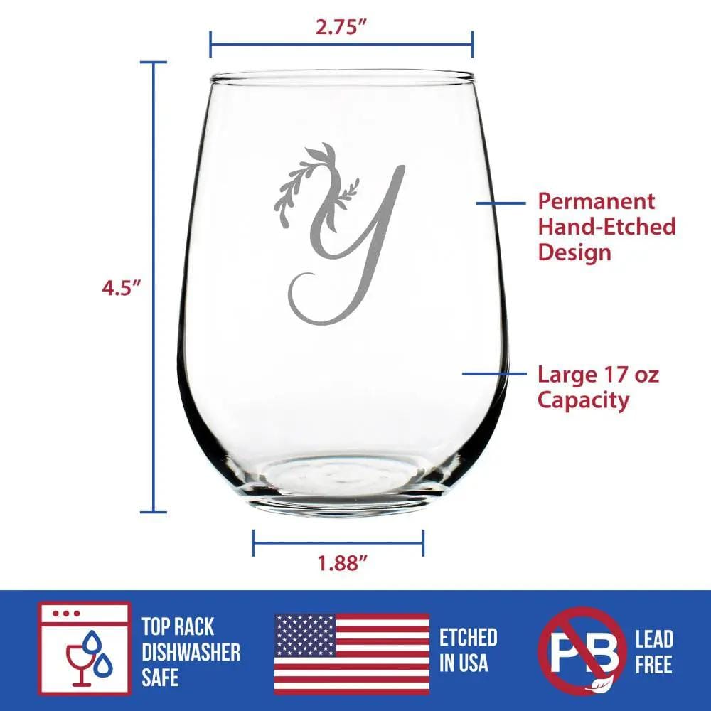 Etched Stemless Wine Glass | 17 oz | Dishwasher Safe | Monogram Floral Letter Y