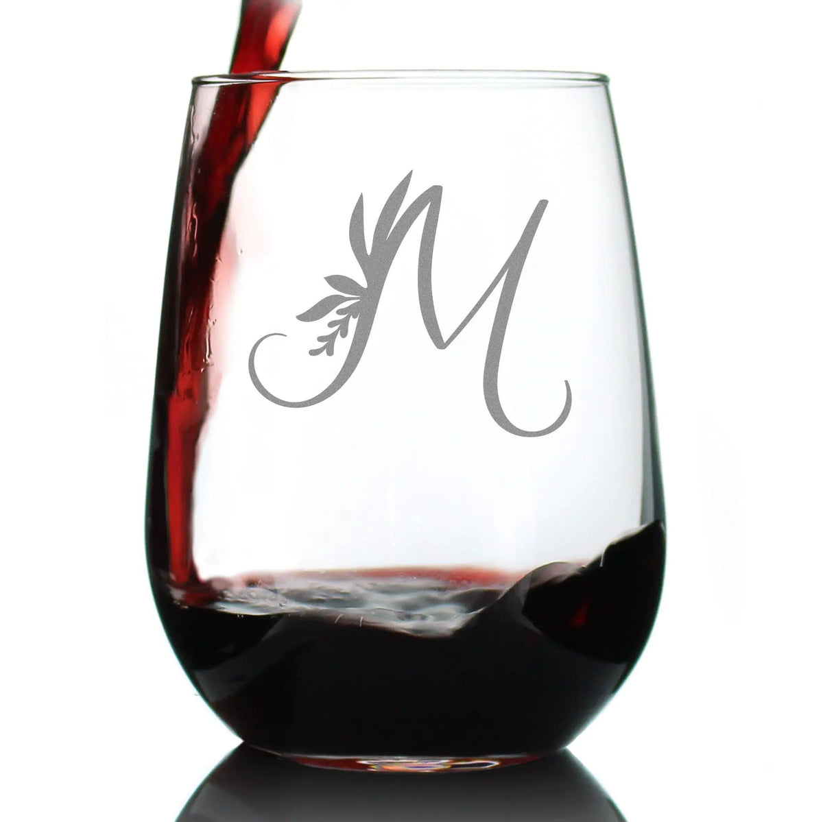 Etched Stemless Wine Glass | 17 oz | Dishwasher Safe | Monogram Letters - Floral & Bold Styles