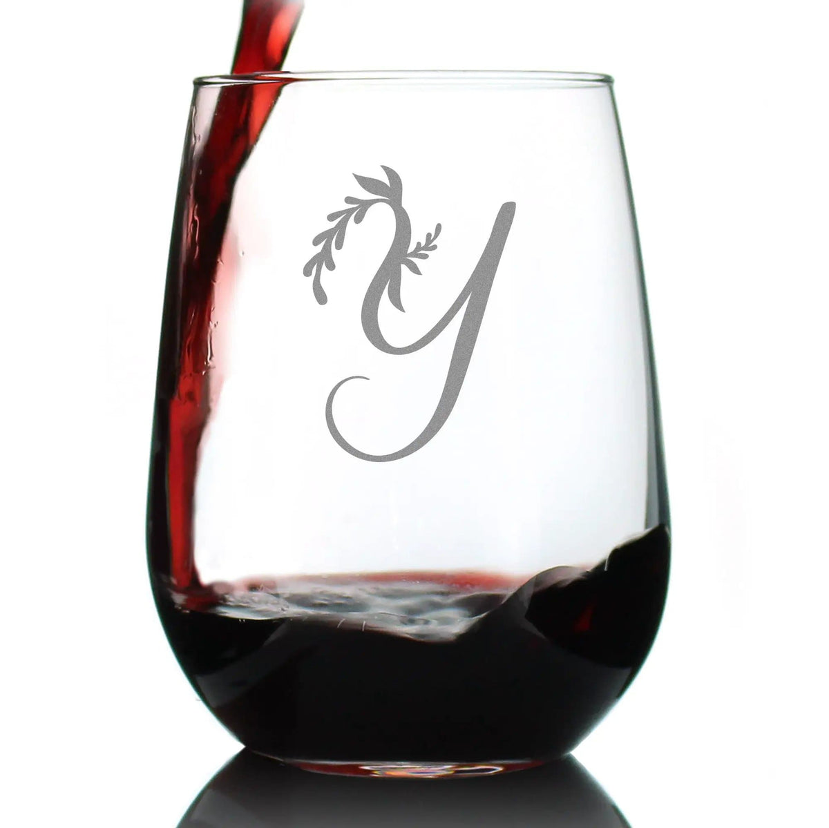 Etched Stemless Wine Glass | 17 oz | Dishwasher Safe | Monogram Floral Letter Y
