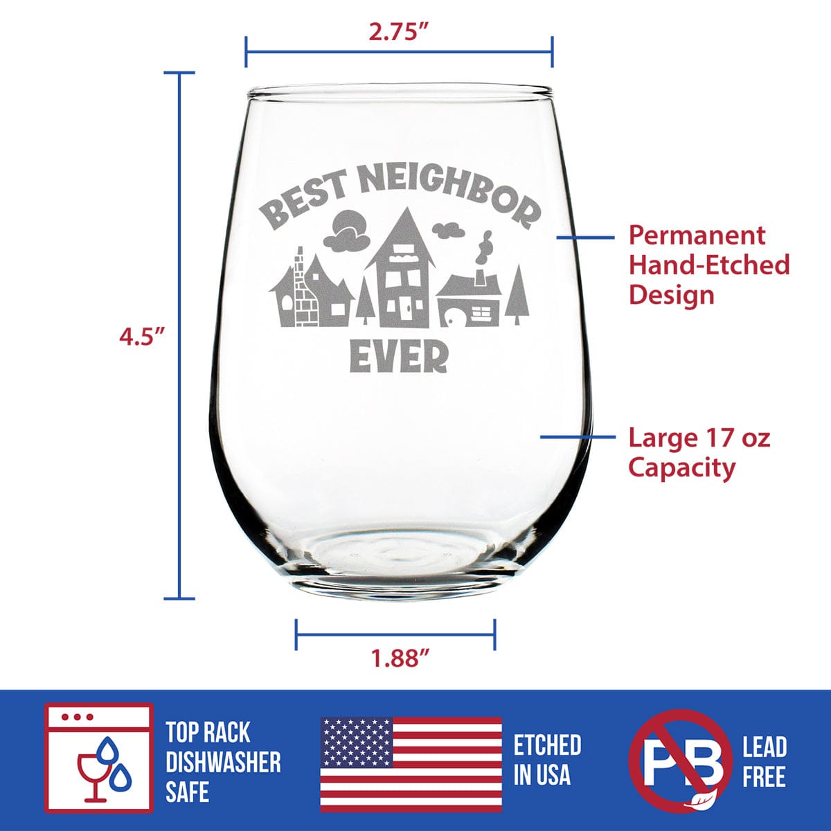 Etched Stemless Wine Glass | 17 oz | Dishwasher Safe | Best Neighbor Ever