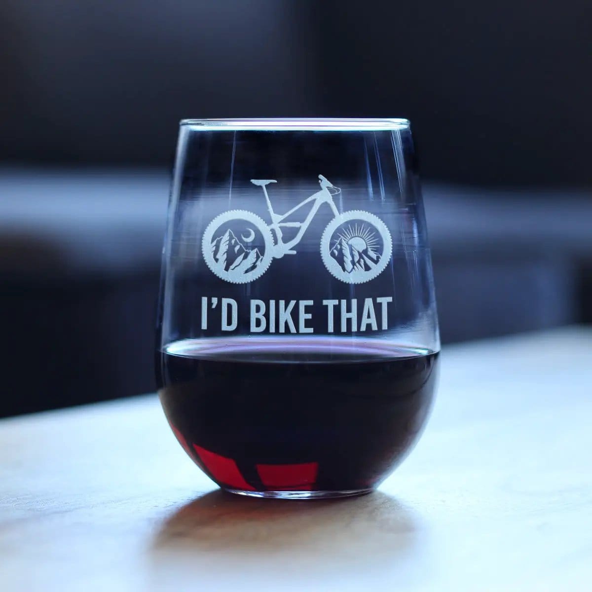 Etched Stemless Wine Glass | 17 oz | Dishwasher Safe | I'd Bike That