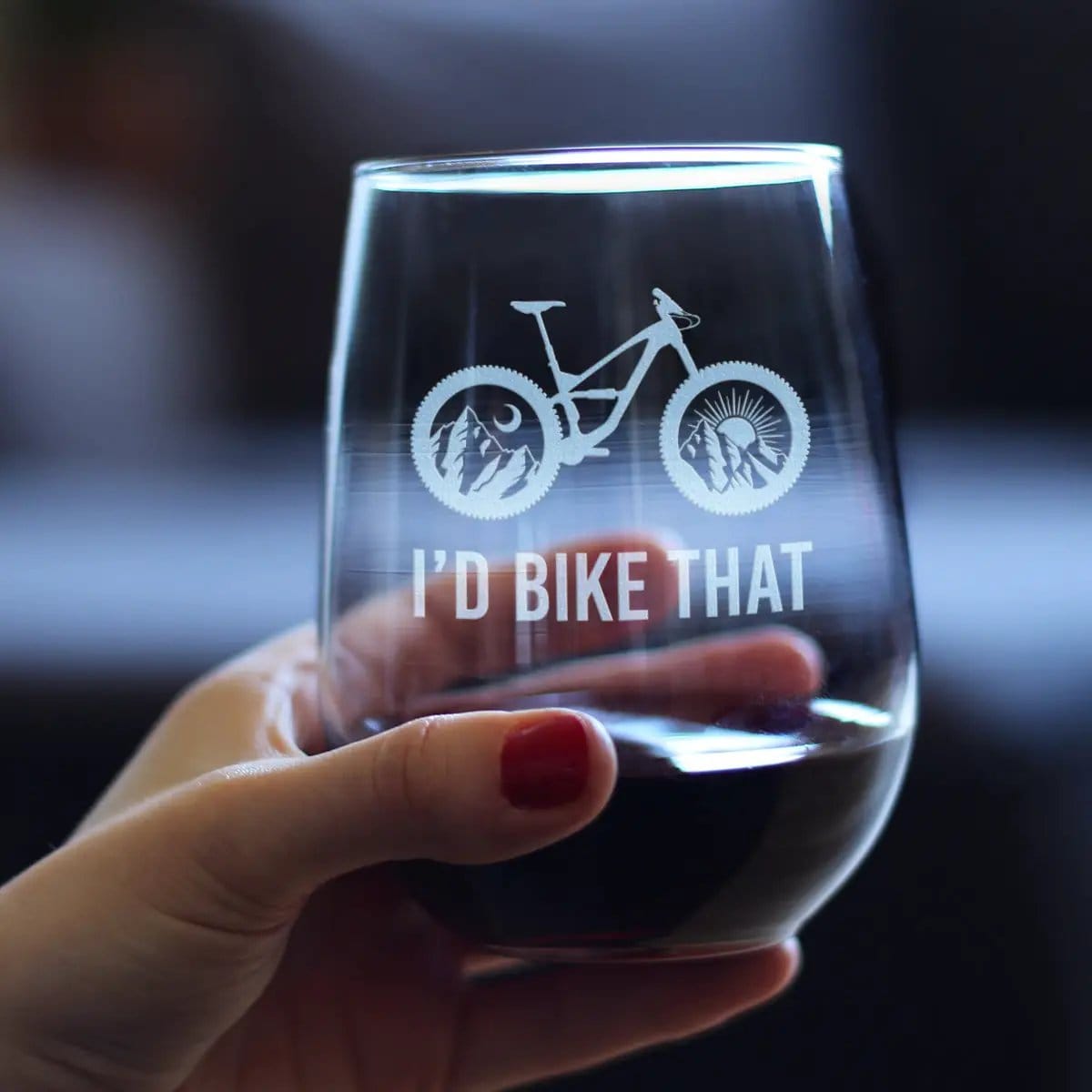 Etched Stemless Wine Glass | 17 oz | Dishwasher Safe | I'd Bike That