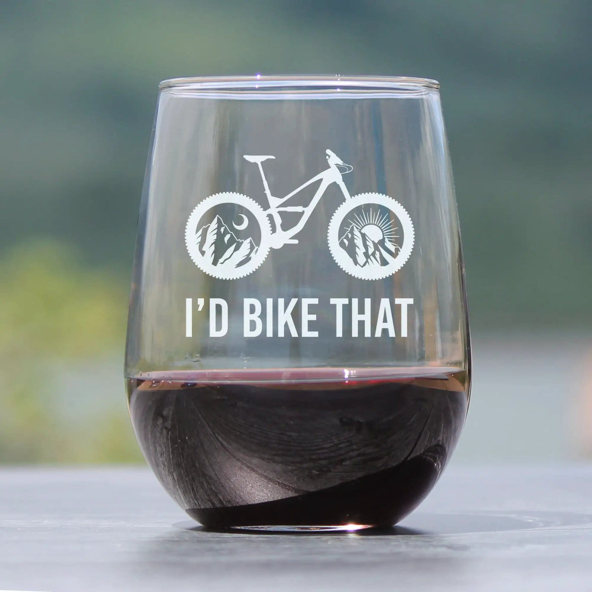Etched Stemless Wine Glass | 17 oz | Dishwasher Safe | I'd Bike That