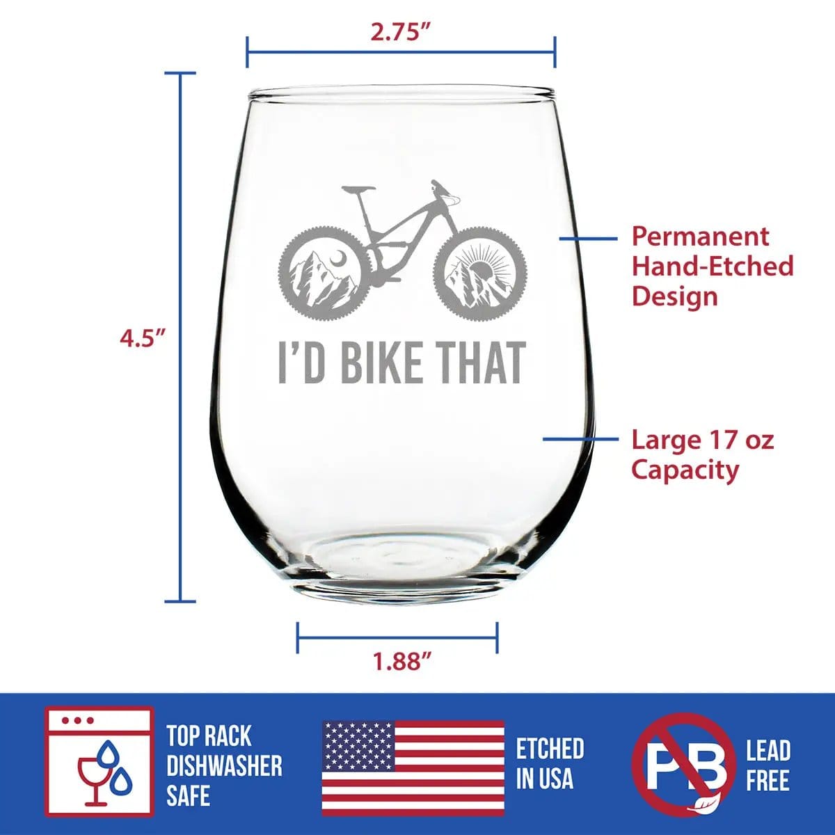 Etched Stemless Wine Glass | 17 oz | Dishwasher Safe | I'd Bike That