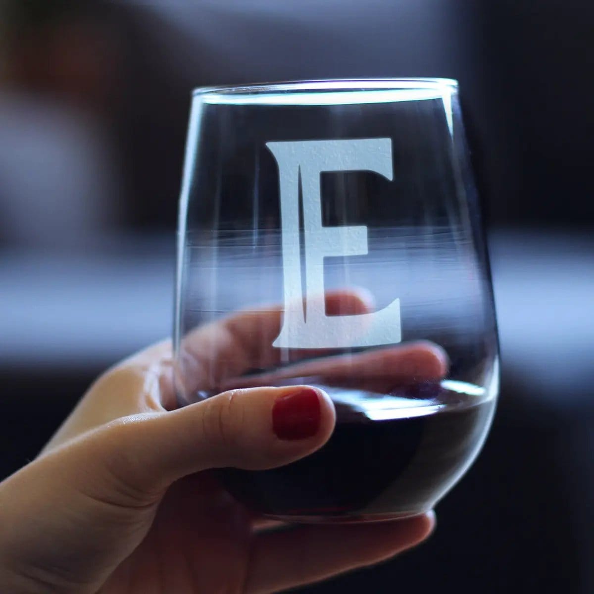 Etched Stemless Wine Glass | 17 oz | Dishwasher Safe | Monogram Bold Letter E