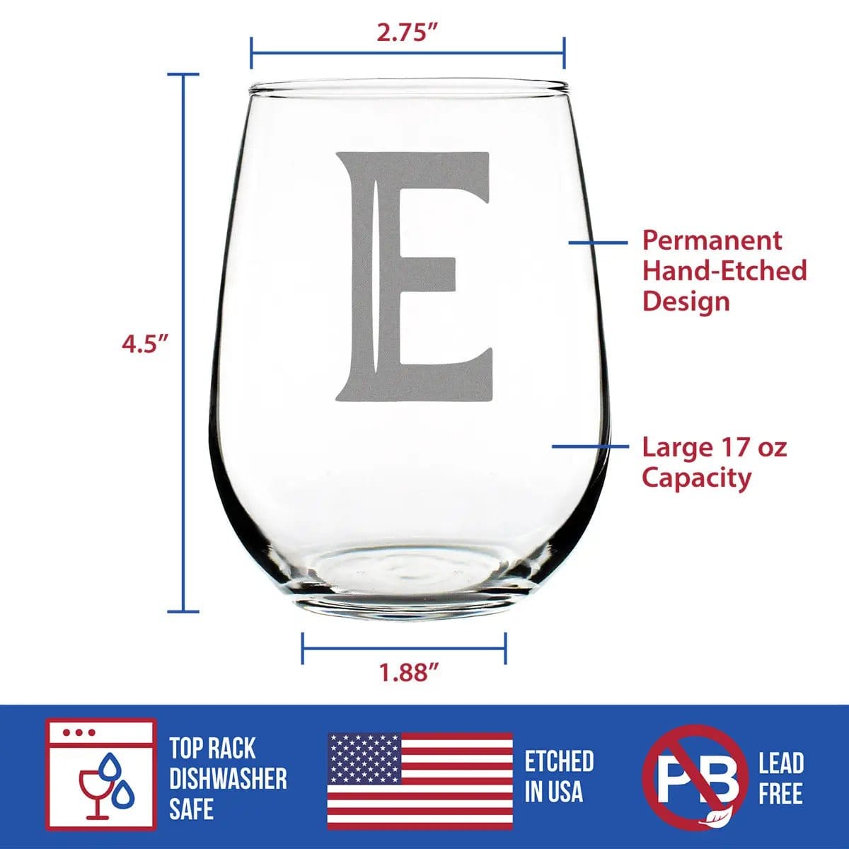 Etched Stemless Wine Glass | 17 oz | Dishwasher Safe | Monogram Bold Letter E
