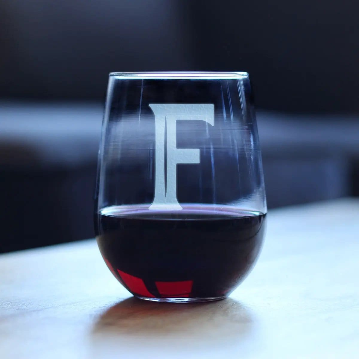 Etched Stemless Wine Glass | 17 oz | Dishwasher Safe | Monogram Bold Letter F