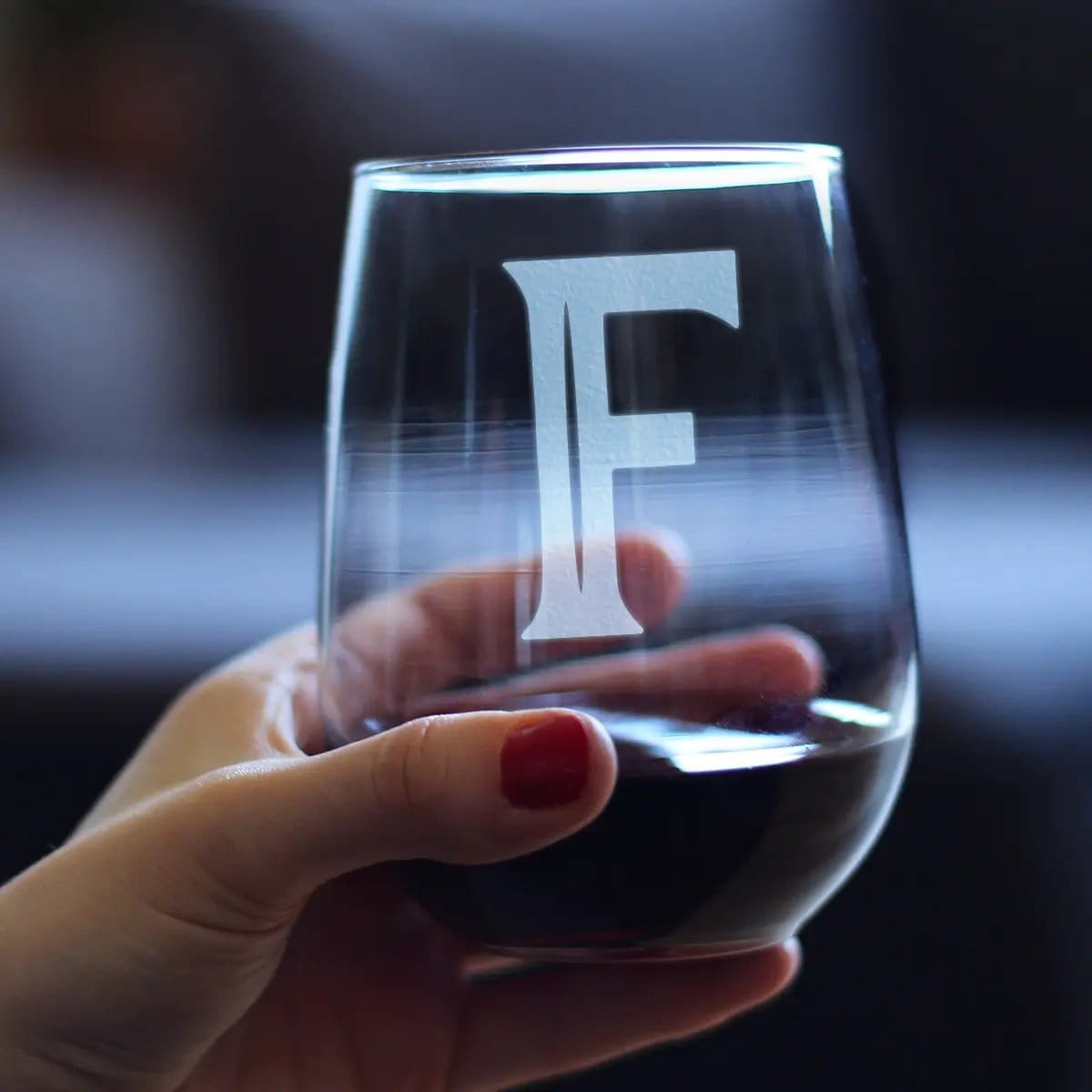 Etched Stemless Wine Glass | 17 oz | Dishwasher Safe | Monogram Bold Letter F