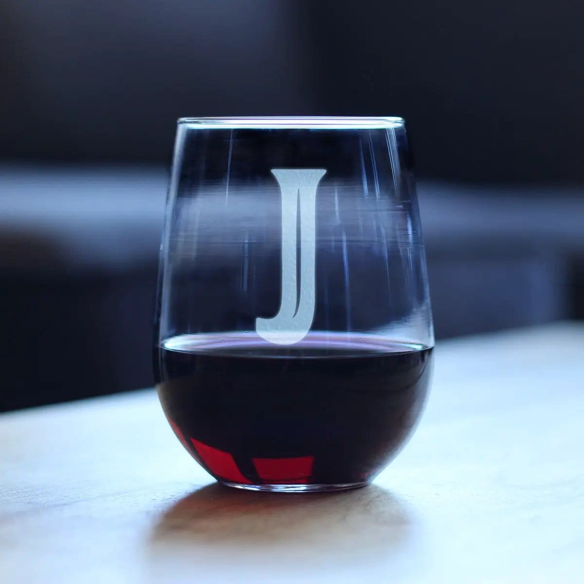 Etched Stemless Wine Glass | 17 oz | Dishwasher Safe | Monogram Bold Letter J