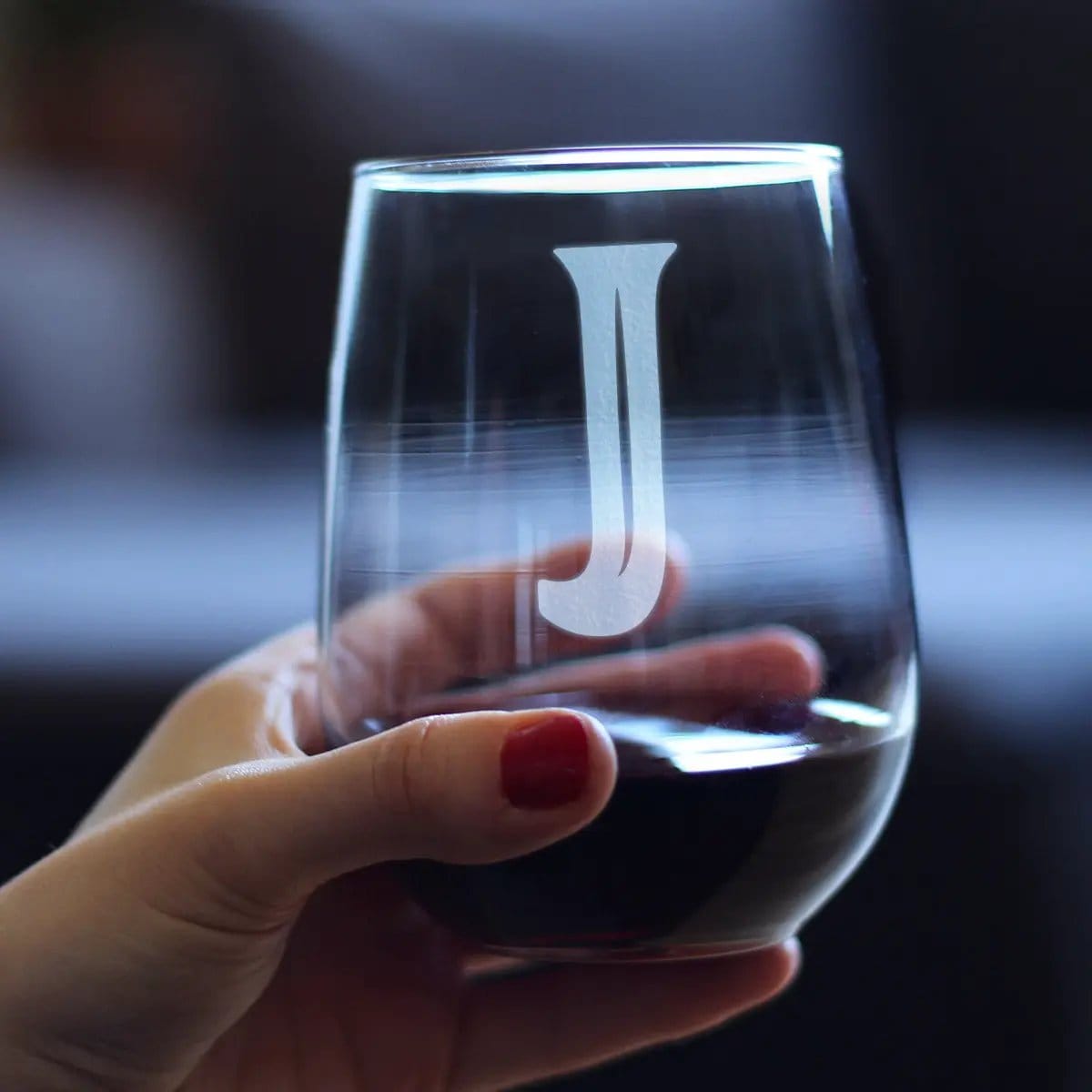 Etched Stemless Wine Glass | 17 oz | Dishwasher Safe | Monogram Bold Letter J