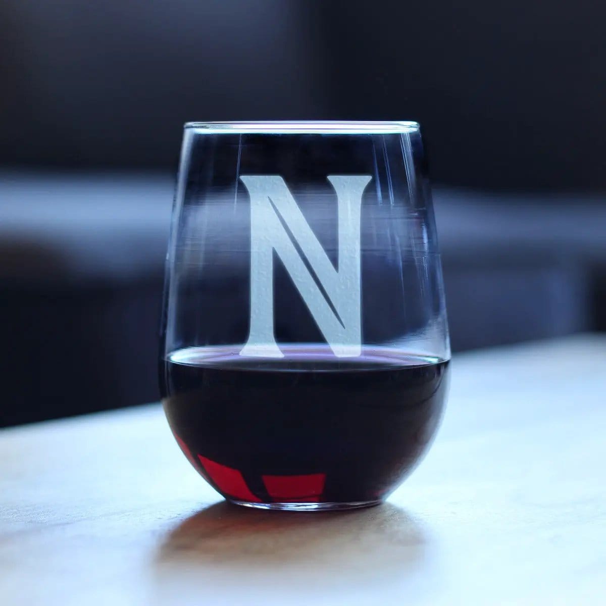 Etched Stemless Wine Glass | 17 oz | Dishwasher Safe | Monogram Bold Letter N