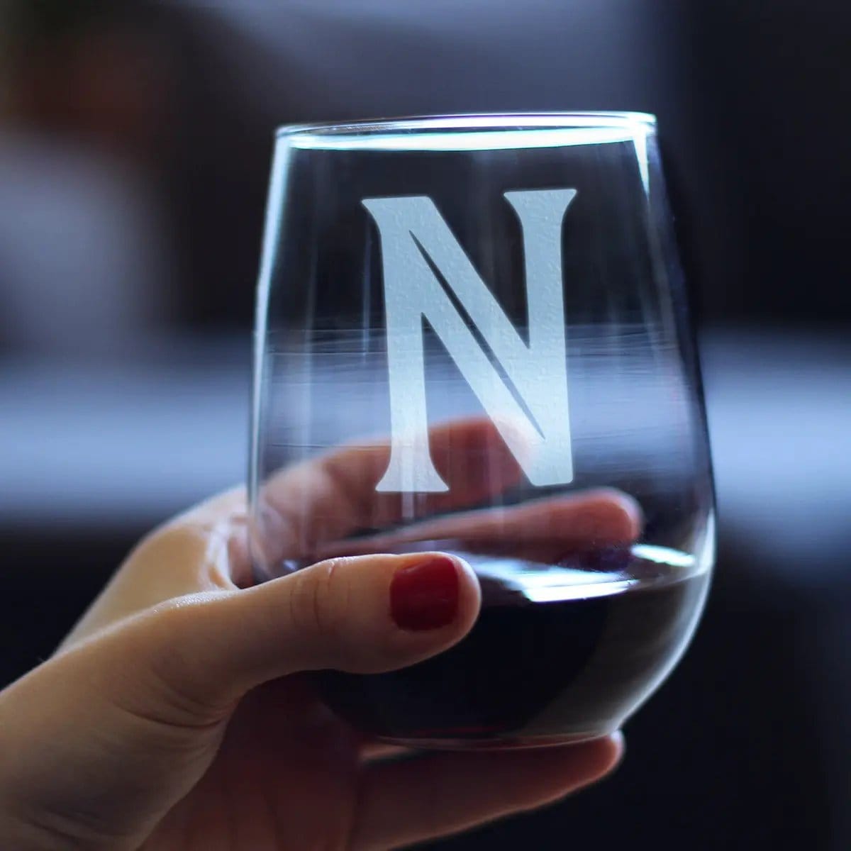 Etched Stemless Wine Glass | 17 oz | Dishwasher Safe | Monogram Bold Letter N