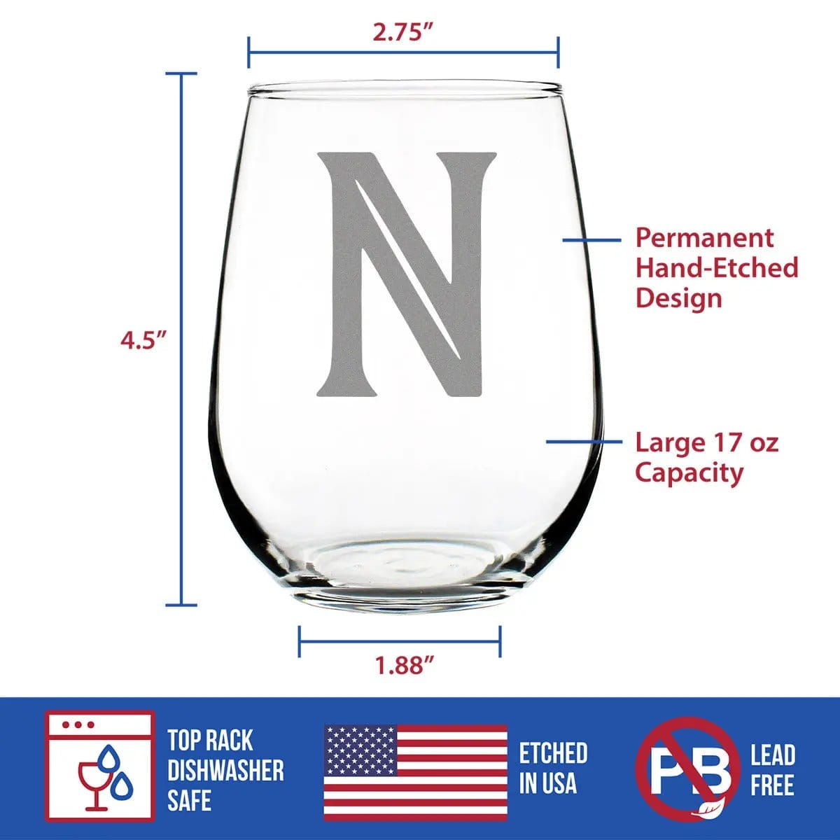 Etched Stemless Wine Glass | 17 oz | Dishwasher Safe | Monogram Bold Letter N