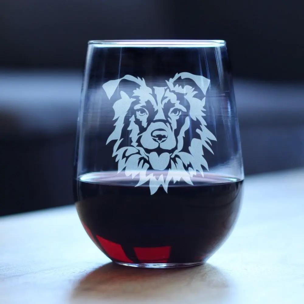 Etched Stemless Wine Glass | 17 oz | Dishwasher Safe | Border Collie