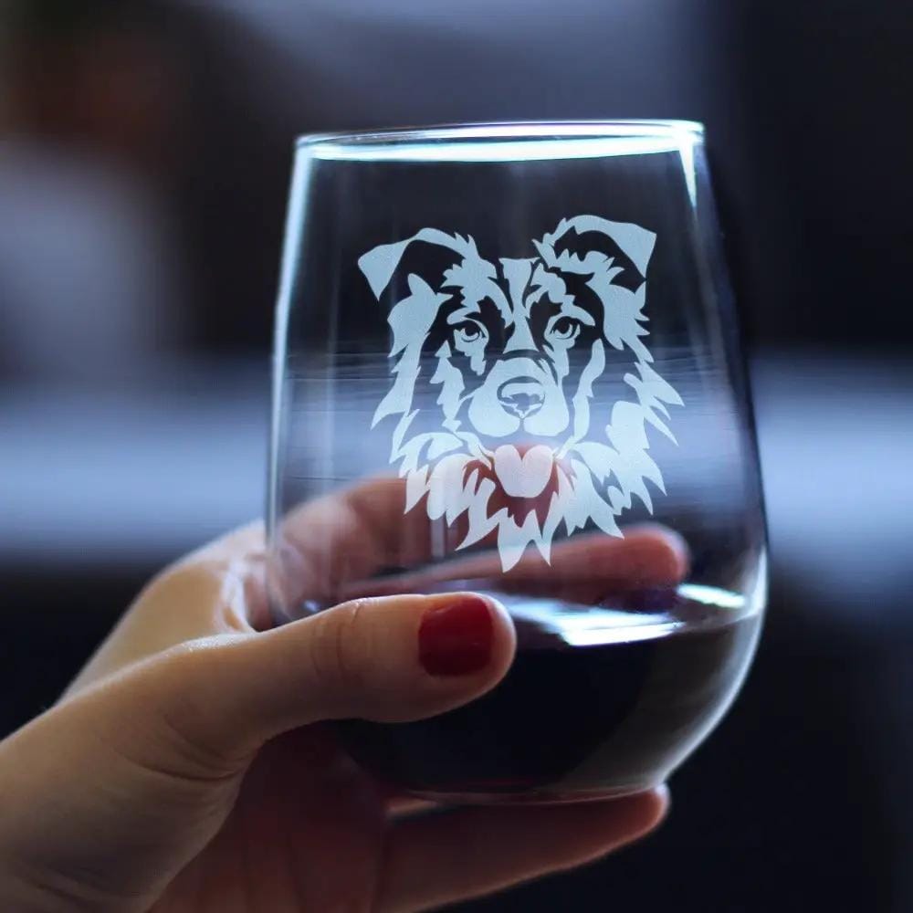 Etched Stemless Wine Glass | 17 oz | Dishwasher Safe | Border Collie
