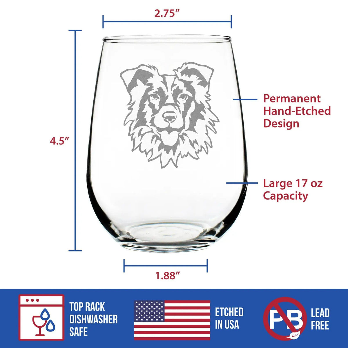 Etched Stemless Wine Glass | 17 oz | Dishwasher Safe | Border Collie