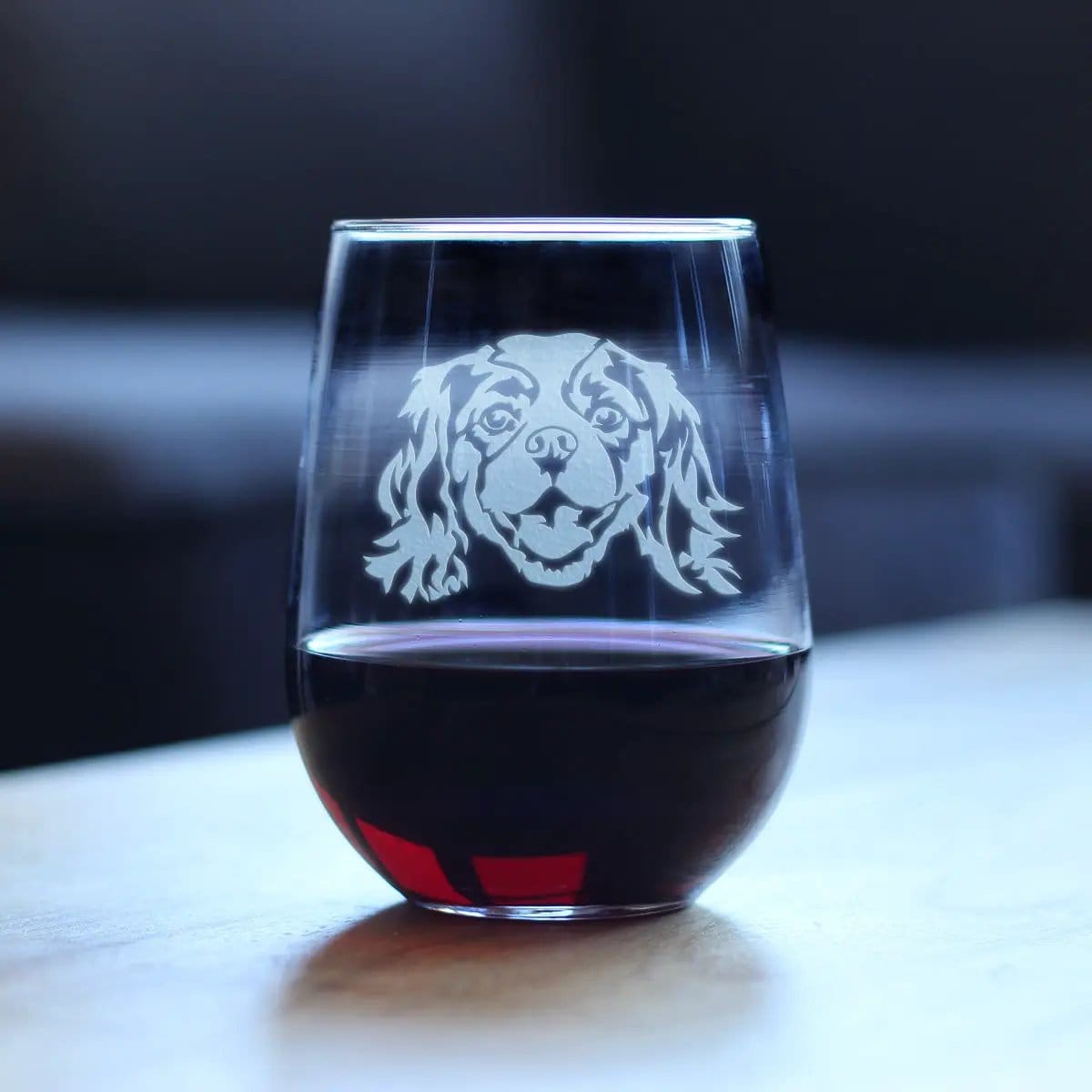 Etched Stemless Wine Glass | 17 oz | Dishwasher Safe | Cavalier King Charles Spaniel