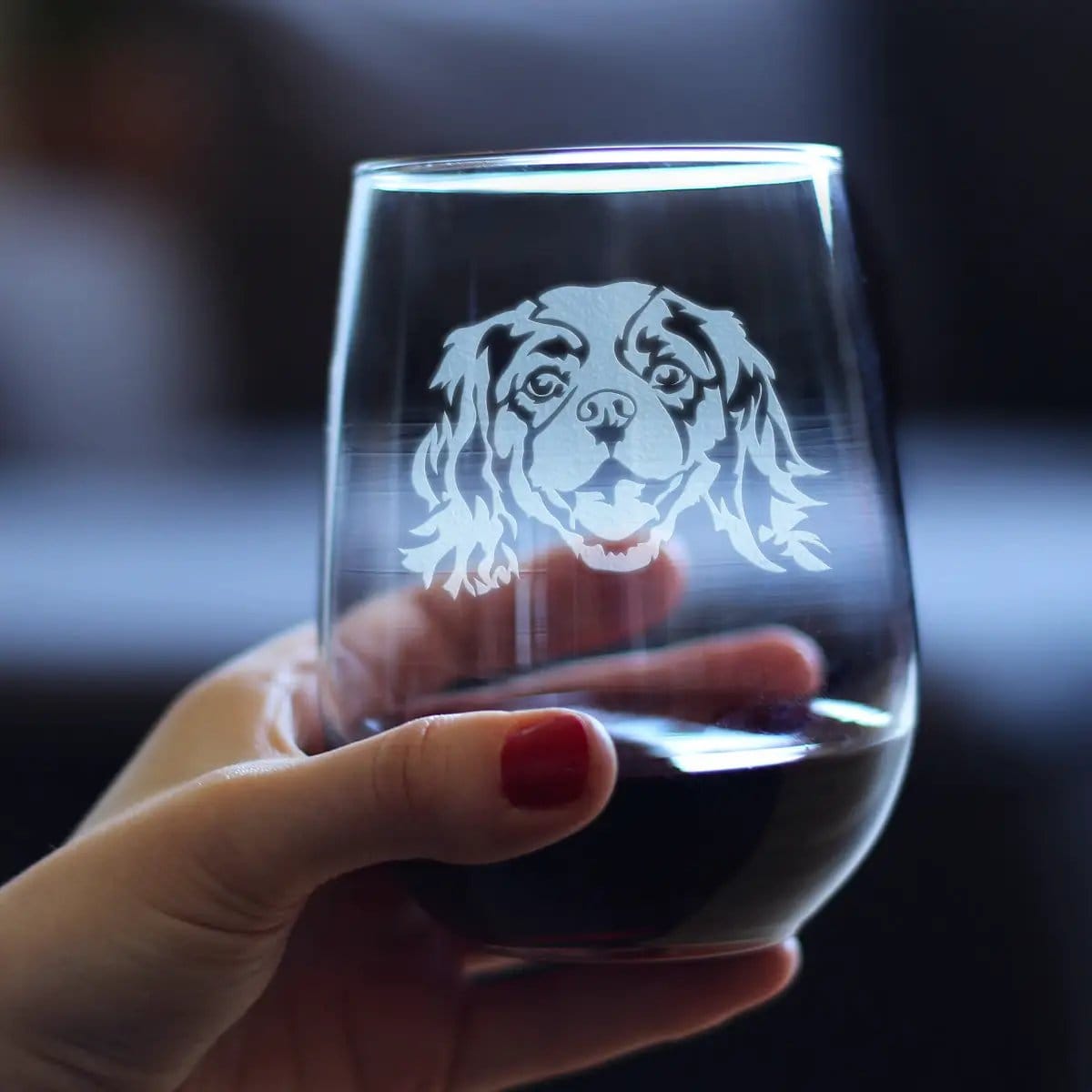 Etched Stemless Wine Glass | 17 oz | Dishwasher Safe | Cavalier King Charles Spaniel