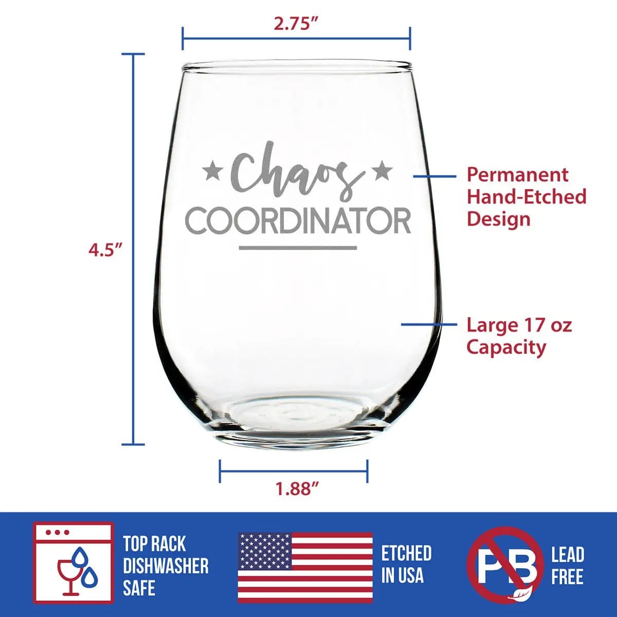 Etched Stemless Wine Glass | 17 oz | Dishwasher Safe | Chaos Coordinator