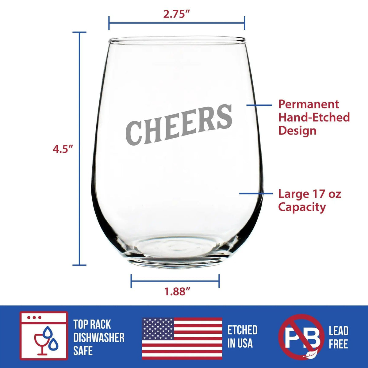 Etched Stemless Wine Glass | 17 oz | Dishwasher Safe | Cheers