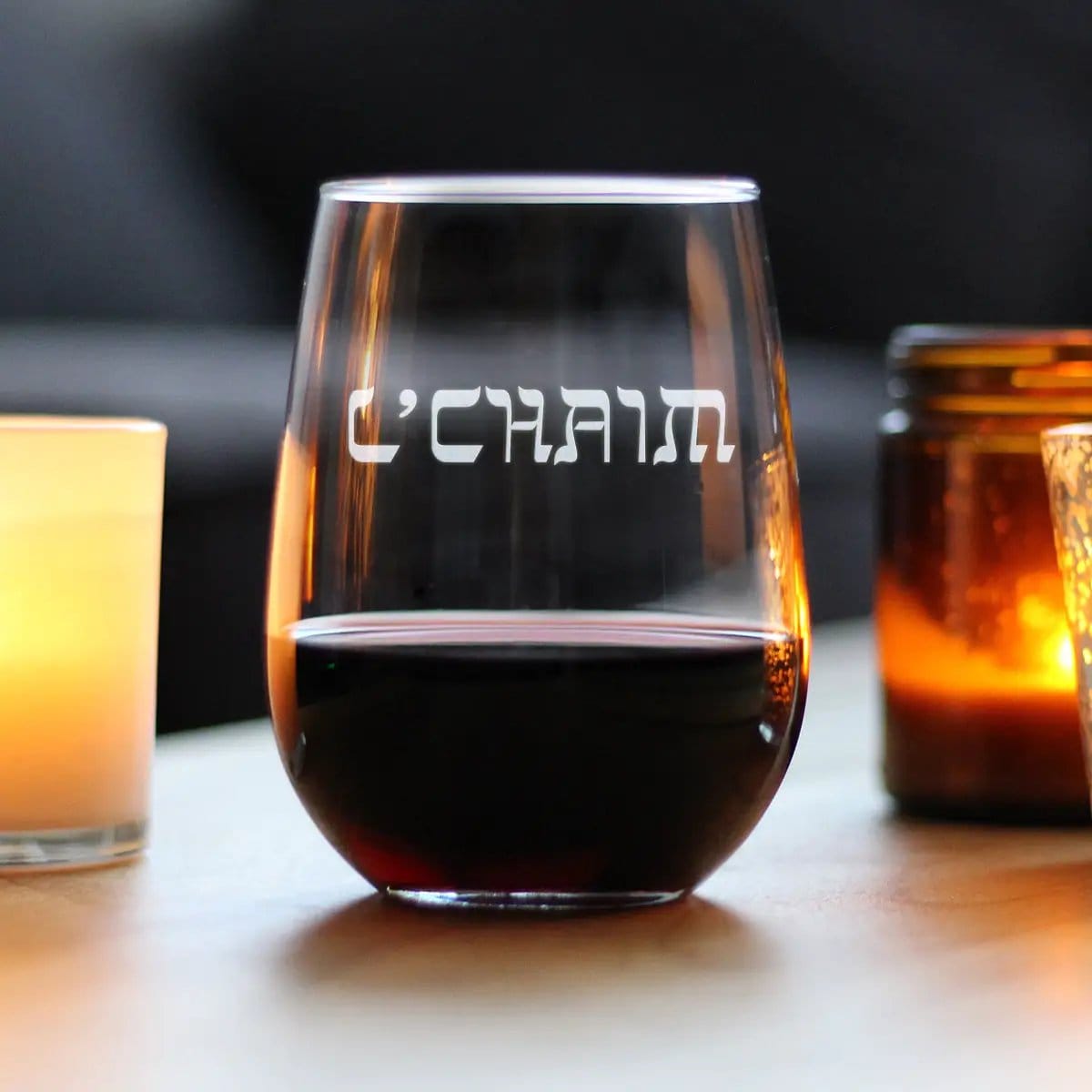 Etched Stemless Wine Glass | 17 oz | Dishwasher Safe | L'Chaim - Hebrew Cheers