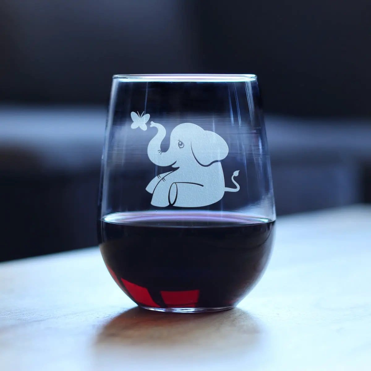Etched Stemless Wine Glass | 17 oz | Dishwasher Safe | Elephant (Style 2)