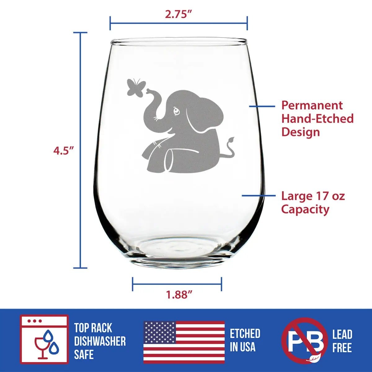 Etched Stemless Wine Glass | 17 oz | Dishwasher Safe | Elephant (Style 2)